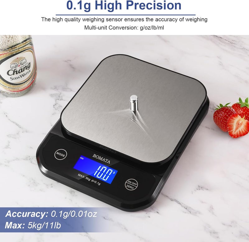 BOMATA Waterproof Kitchen Scale, 0.1g/0.01oz High Precision, 5kg/11lb, Washable, USB Rechargeable, Digital Scale for Food,Cooking, Baking, Weight Loss, Black&Grey - Image 2